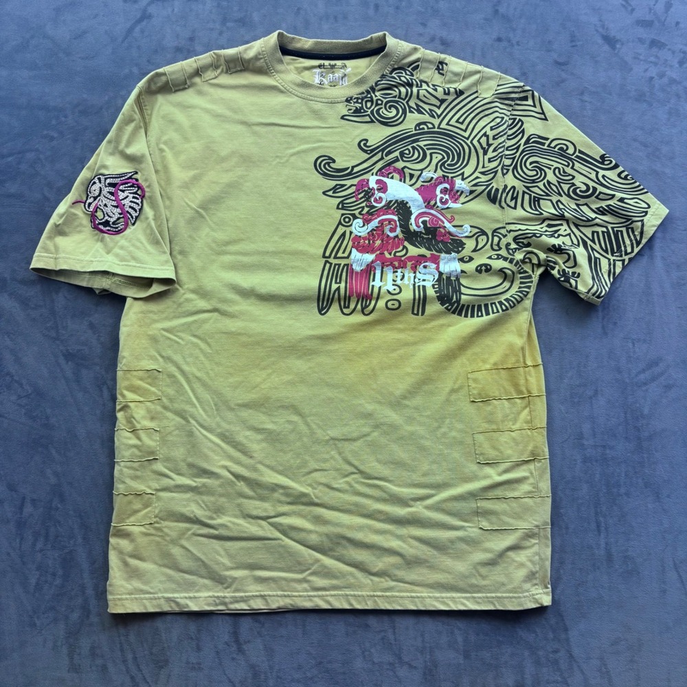 Kaalu 11ths Mens 3XL Graphic T-Shirt Aztec Eagle Streetwear Y2K Yellow Green